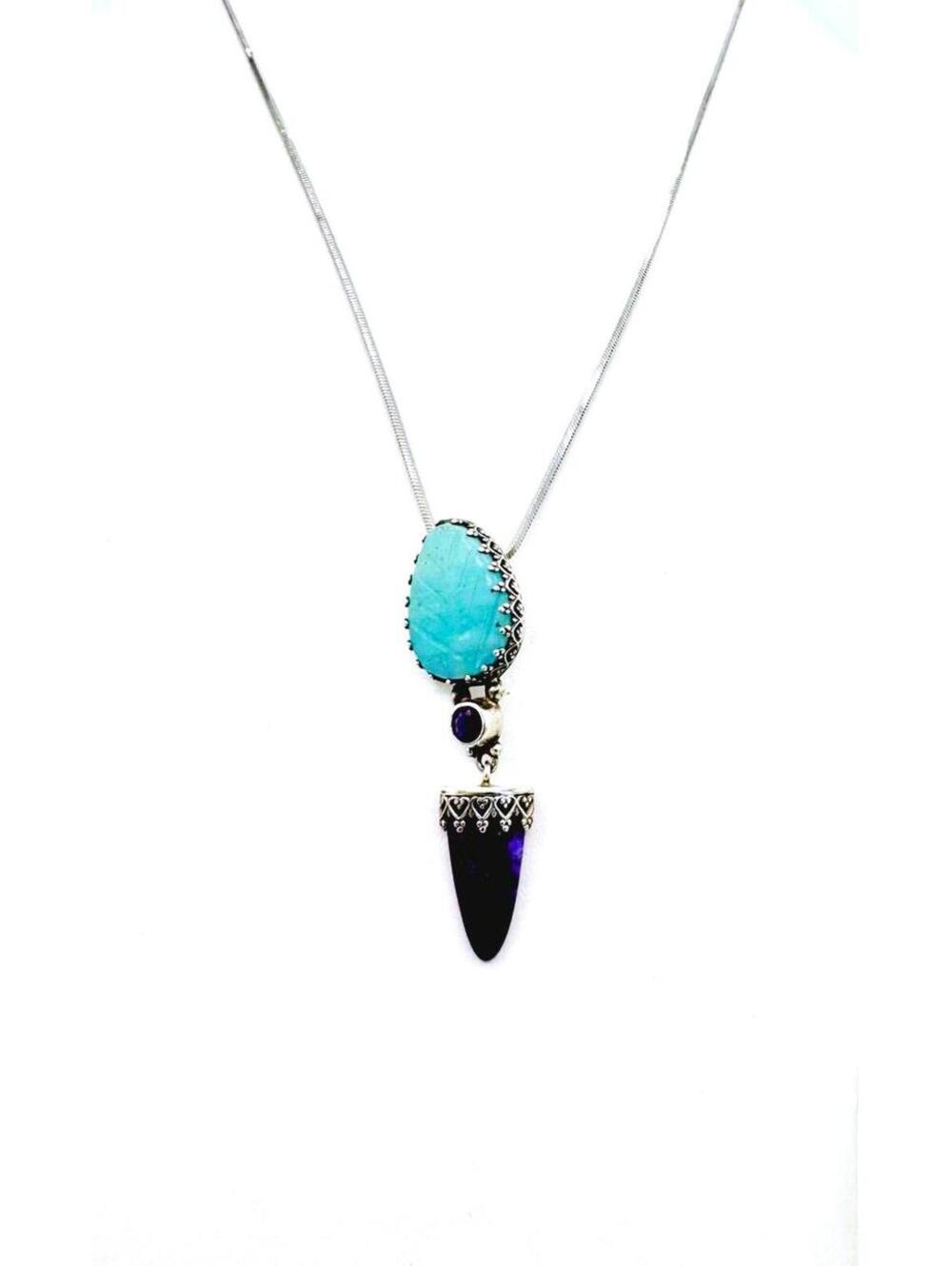 Sterling silver chain silver encased etched Larimar & amethyst necklace